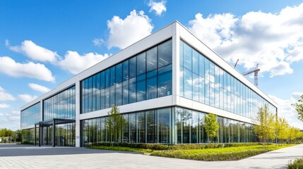 Modern Office Building with Expansive Glass Facade and Lush Green Surroundings
