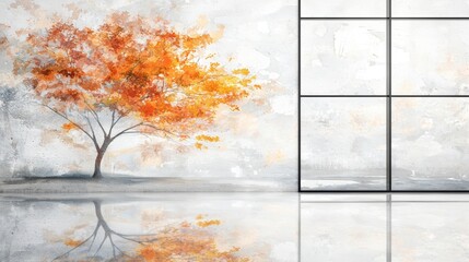 Majestic autumn tree painting, vibrant orange leaves in seasonal transformation