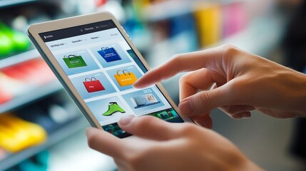 Modern e-commerce shopping experience with a person browsing an online retail website on a digital device, representing the future of digital transactions, online marketplaces, and seamless mobile sho