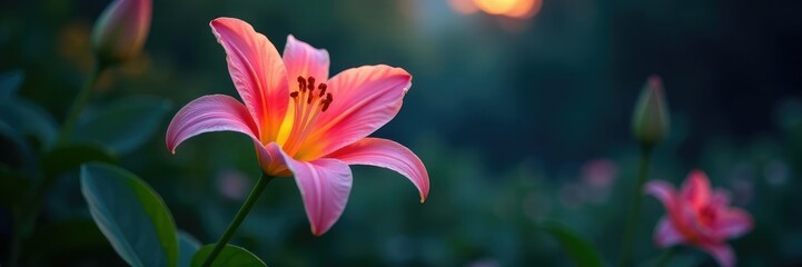 Fragrant lily bloom glows softly in moonlit garden, fragrant, flowers