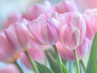 Fototapeta premium Delicate pink tulips blooming in a sunny garden during springtime