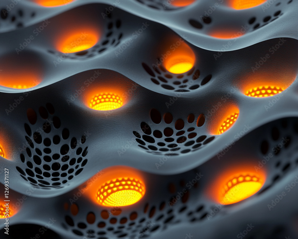 Poster close-up of abstract futuristic design with glowing orange light dots surrounded by curvy smooth sur