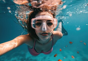 Naklejka premium An underwater photo of an attractive woman wearing goggles and snorkel gear, swimming above the vibrant coral reef