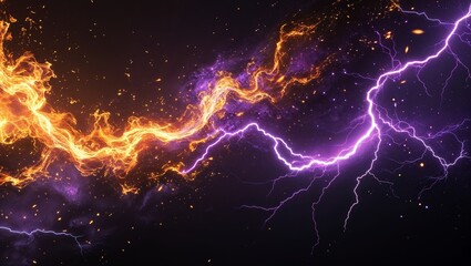 Abstract impact of fiery gold and dark cosmos purple glowing lightning sparks effects anime on plain black background