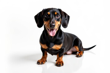 Black and tan dachshund sitting on a white background, displaying a cheerful expression. Concept captures essence of black and tan dachshund as a friendly companion animal.