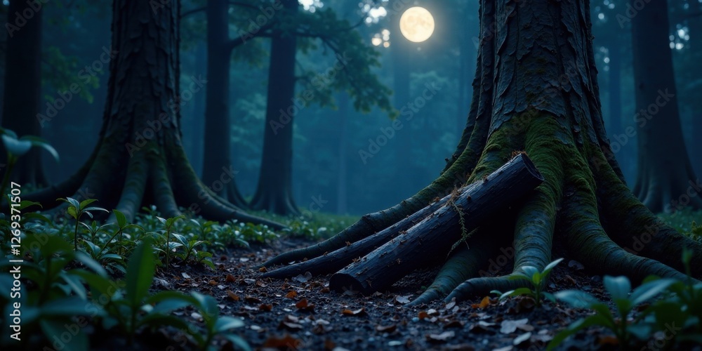 Aufkleber serene moonlight illuminates ancient forest, casting ethereal glow on mossy tree roots and fallen lo