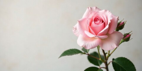 Obraz premium A Delicate Pink Rose Blossom with Unopened Buds on a Neutral Background