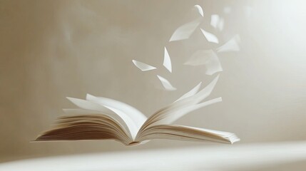 Open book, pages flying, light background, knowledge concept