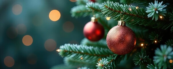 Frosty pine branches adorned with glittering ornaments and lights, Green, Christmas tree, Sparkly