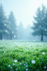 Fototapeta premium Frozen landscape of a green field with snowflakes gently falling, snow, empty, white