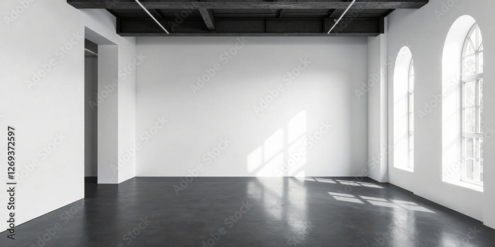 Aufkleber sunlit empty room with exposed beams and arched windows, ideal for modern interior design projects