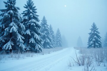 Obraz premium Misty blue background with a frozen forest scene of snowy trees and branches, misty background, forest scenery, winter landscape