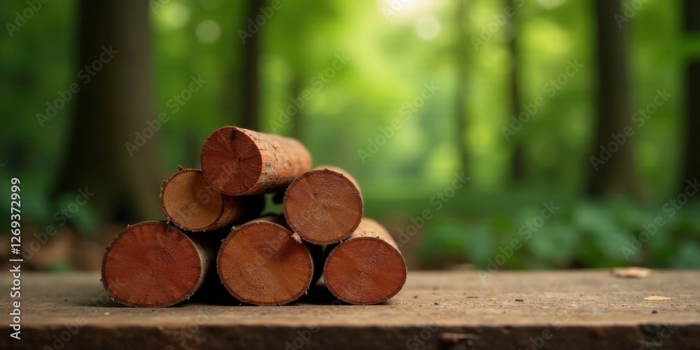 Poster Stacked Wooden Logs Resting on a Rustic Surface in a Forest Setting