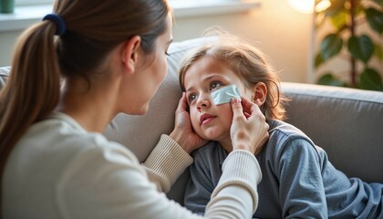 Mother caring for her child in tender mood applying treatment on face at home living room
