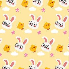 A seamless Easter themed pattern featuring cute bunnies wearing glasses, happy baby chicks, soft clouds, and flowers on a pastel yellow background.