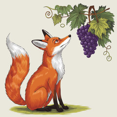 Obraz premium The Fox and the Grapes - Classic Fable Illustration