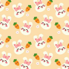 A seamless Easter themed pattern featuring cute bunnies with pink bows, smiling carrots, and small flowers on a soft pastel background.