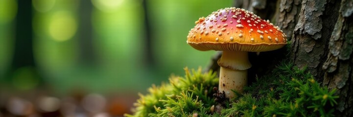 Fototapeta premium Moss-covered boletus edulis growing on a tree trunk, boletus edulis, nature