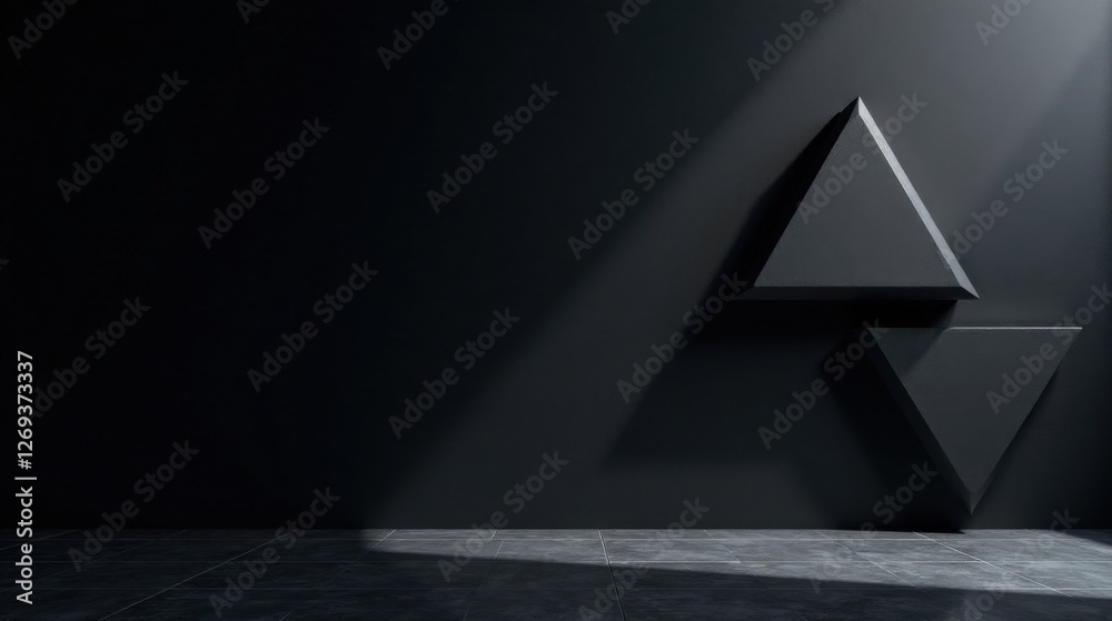 Poster Dark Room Minimalist Geometric Composition with Shadow Play and Triangular Forms on a Black Wall