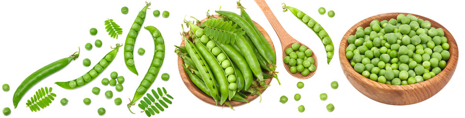 Fresh green pea pods with green peas in wooden bowl isolated on white background. clipping path