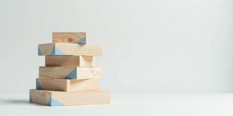 Stack of light wooden blocks with pastel blue accents on a minimalist background