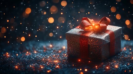 Festive background with an open present and a glowing shopping voucher