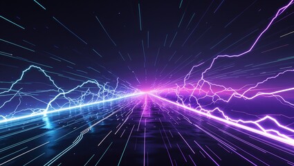 Abstract impact of light speed cyan and deep ember purple glowing lightning sparks effects anime on plain black background