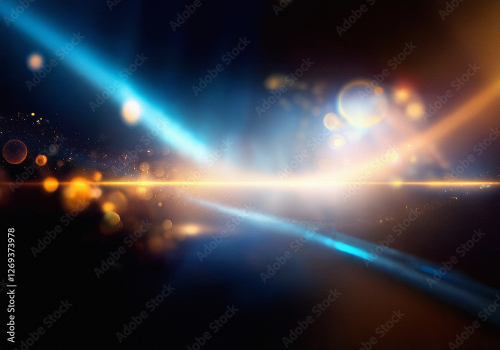 Fototapete a dark abstract background with bokeh lights, a thin horizontal line of light, and a gradient of blu