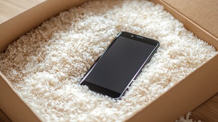 A mobile phone is carefully situated inside a cardboard box filled with white rice, showcasing an innovative method for moisture removal and protection in a serene setting.
