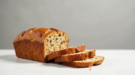 A loaf of freshly baked fruit bread, sliced and ready to be enjoyed, rests on a pristine white surface against a muted background.
