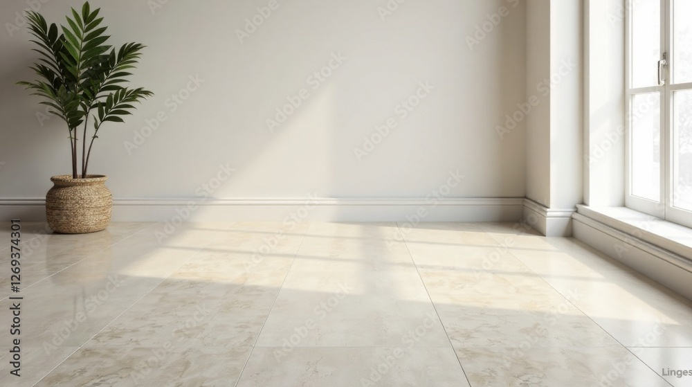 Aufkleber sunlight streams into a minimalist room, illuminating a beige tiled floor and a potted plant in a wo