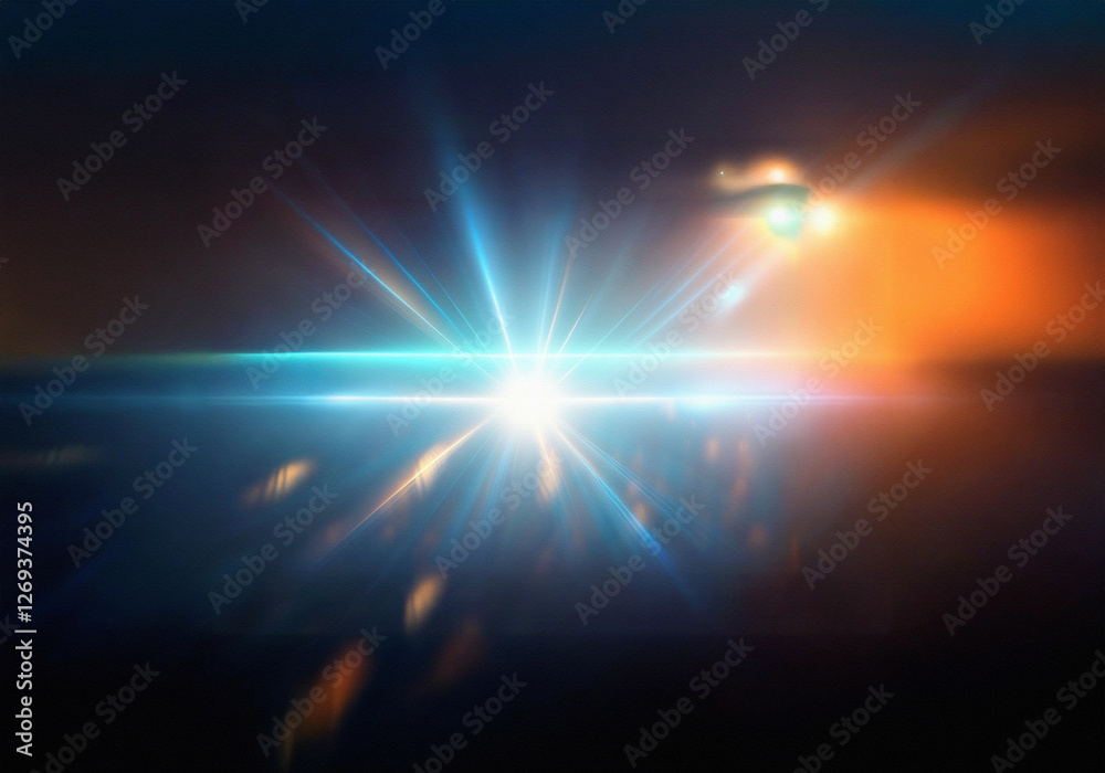 Poster A bright, white light emanating from the center of the image, creating a starburst effect with blue and orange rays.