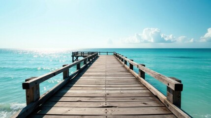 Wooden pier extending into a tranquil ocean under a bright sunny sky
