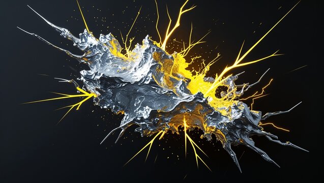 Abstract impact of metallic silver and topaz yellow glowing lightning sparks effects anime on plain black background