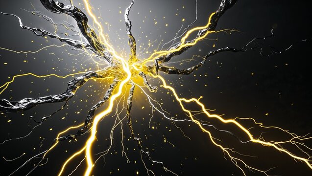 Abstract impact of metallic silver and topaz yellow glowing lightning sparks effects anime on plain black background