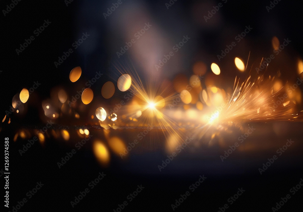 Poster Golden bokeh lights illuminate a dark surface with a bright burst of light emanating from the right.