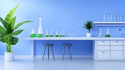 Bright laboratory showcases various glassware filled with green solutions amidst stylish greenery