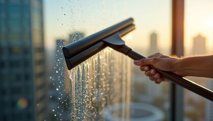 Hand cleaning window with squeegee and water droplets