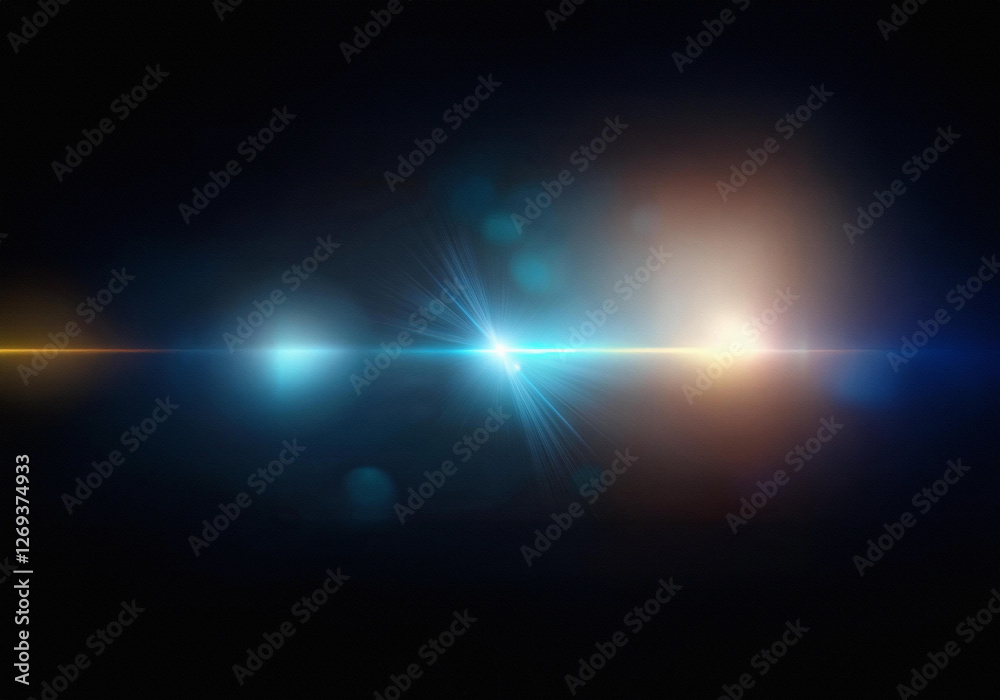 Poster a horizontal line of light shines across a dark background. the light is a mix of blue and yellow.