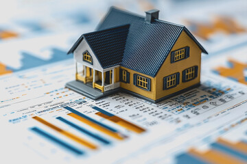 House model on architectural blueprint paper with detailed floor plans and measurements