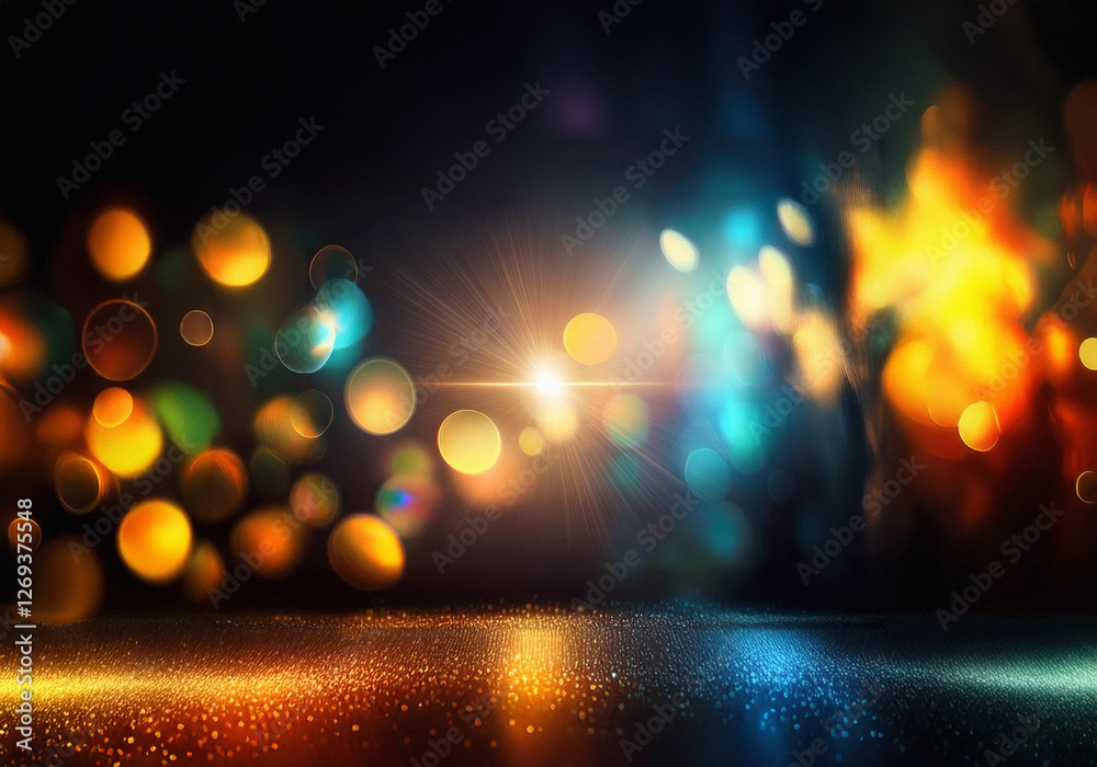 Aufkleber abstract background with bokeh lights in orange, blue, and green with a glitter surface in the foreg