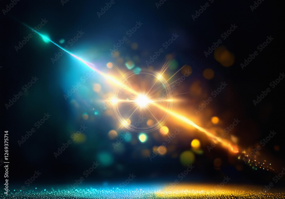 Poster A dark background with a blue and orange diagonal light beam, illuminating a sparkling surface with gold and blue glittery texture.