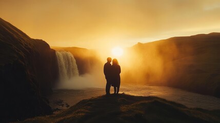 Fototapeta premium Couple silhouetted at sunset waterfall