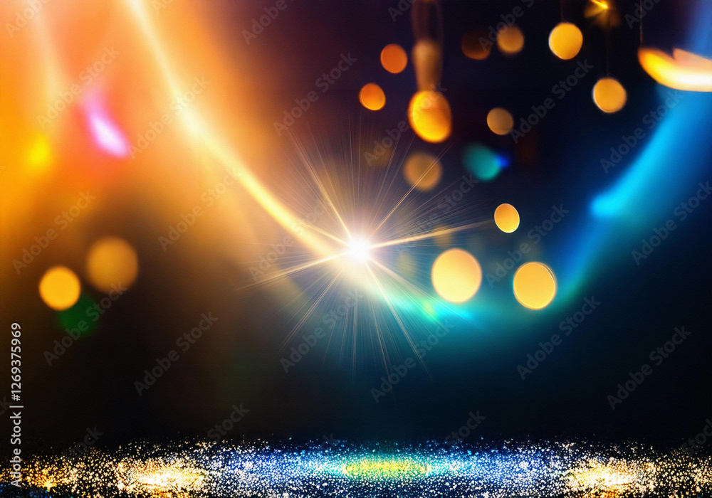 Poster Abstract background with glowing light streaks and bokeh, illuminating a sparkling surface.
