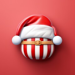A festive Santa hat atop a striped container, embodying the holiday spirit with bright colors and cheerful design against a red background.