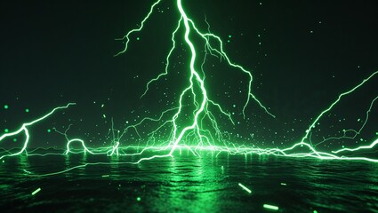 Abstract impact of neon green glowing lightning sparks effects anime on plain black background