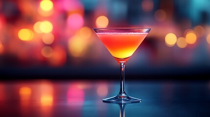 Neon lit cocktail glass in modern bar with vibrant colors and soft bokeh lights