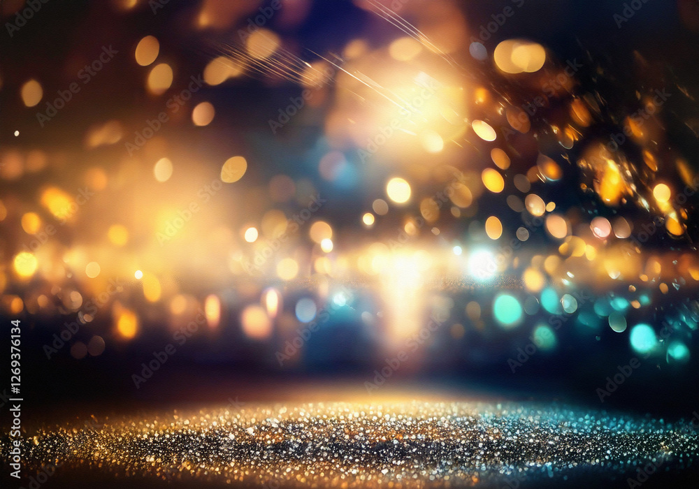 Poster Sparkling glitter on a black background with a bokeh of blurred lights in blue and orange.
