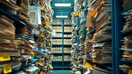 Cluttered Archive Room with Disorganized Papers and Files on Shelves Chaotic Atmosphere of Folders and Documents Needing Organization