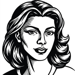 A beautiful woman's face with long black hair, showcasing her glamorous style design isolated vector sketch freehand outline hand drawn picture sketchy line art icon sign silhouette illustration